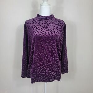 Vintage BonWorth Top Women L Purple‎ Velvet Burnout Floral Blouse Soft Elegant